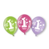 Balónky 1. narozeniny holka 6 ks 27,5 cm mix barev